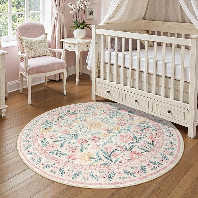 Wonnitar Pink Floral Round Rugs 5ft, Soft Circle Rug Non Slip Washable Round - Image 2