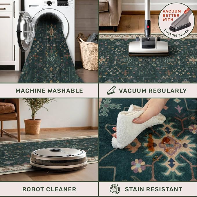 Dark Green Vintage 7x10 Washable Rugs - Image 4