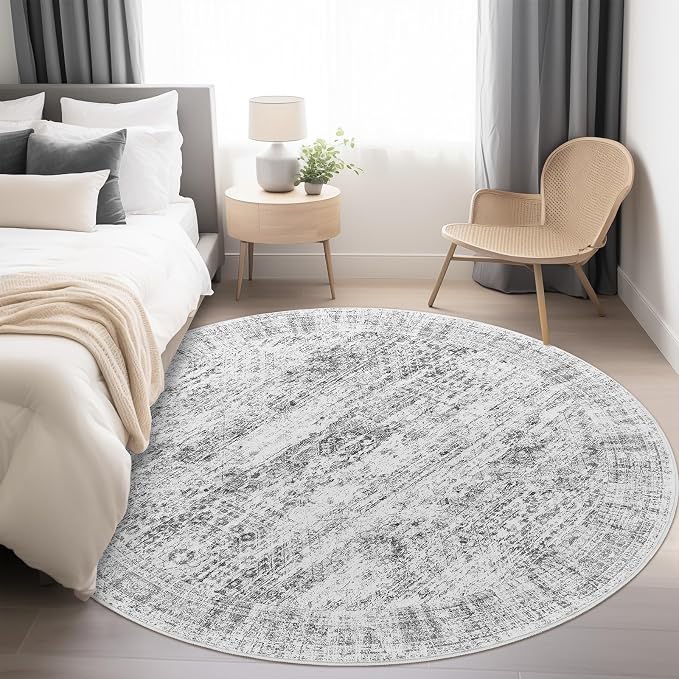 8x8 Grey Round Rug 8ft Living Room Circle Rug Vintage Round Area Rug Non Slip - Image 7