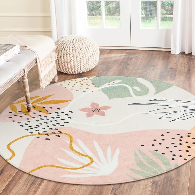 Lahome Pink 6' Round Area Rug, Non-Slip Soft Ultra-Thin Washable Floral Boho - Image 7