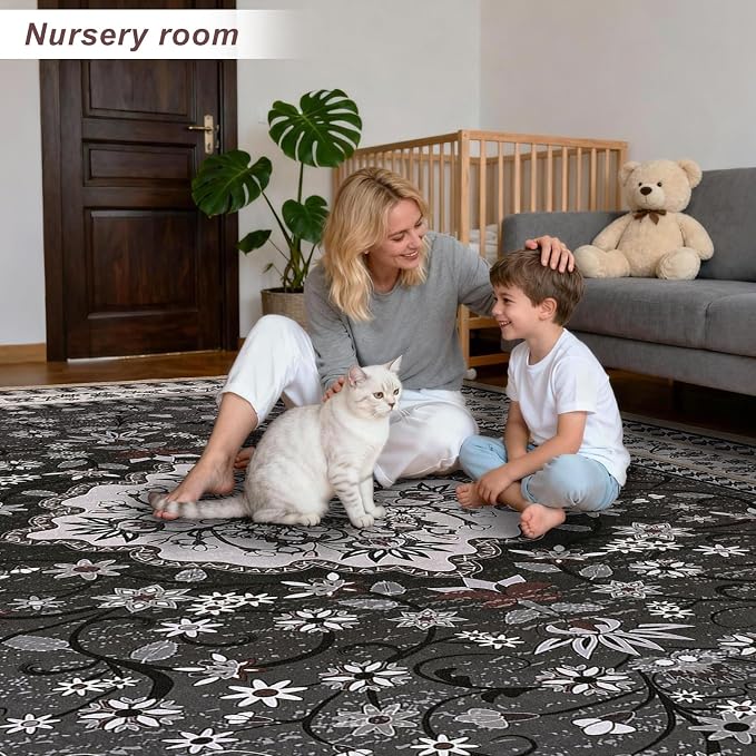Luxury 8' x 10' Black Washable Area Rugs, Boho Low Pile Easy Clean Non-Slip Rug - Image 3