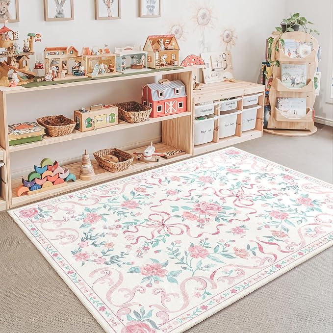 Pink Rug Bow Floral Rug 3x5, Washable Boho Area Rugs Non Slip Low Pile Carpet - Image 2