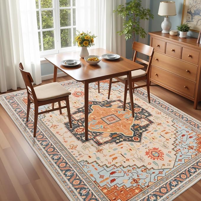 5x7 Orange Beige Area Rug for Living Room, Machine Washable Rugs - Image 2