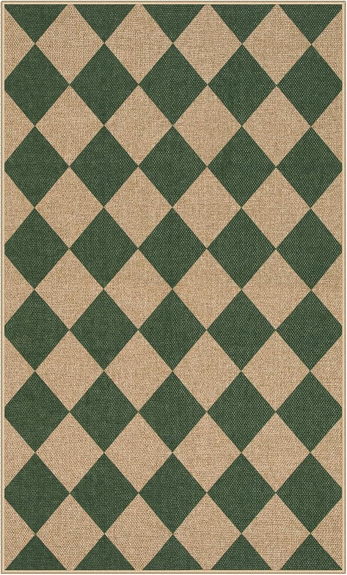 Lahome Checkered Outdoor Patio Easy Jute Rug, 3x5 Dark Green Washable Front - Image 8