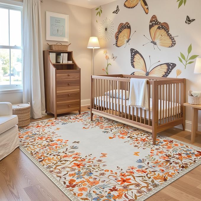 Wonnitar Fall Washable 5x7 Rug for Bedroom, Low Pile Soft Boho Floral Living - Image 2