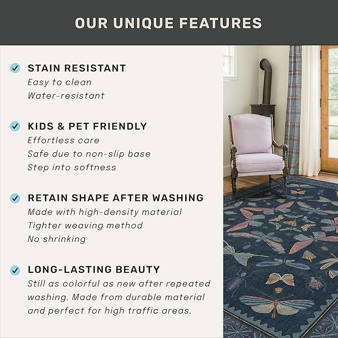 Dark Blue 2x3 Small Rugs for Bathroom Non Slip, Washable Vintage Boho Insect - Image 7