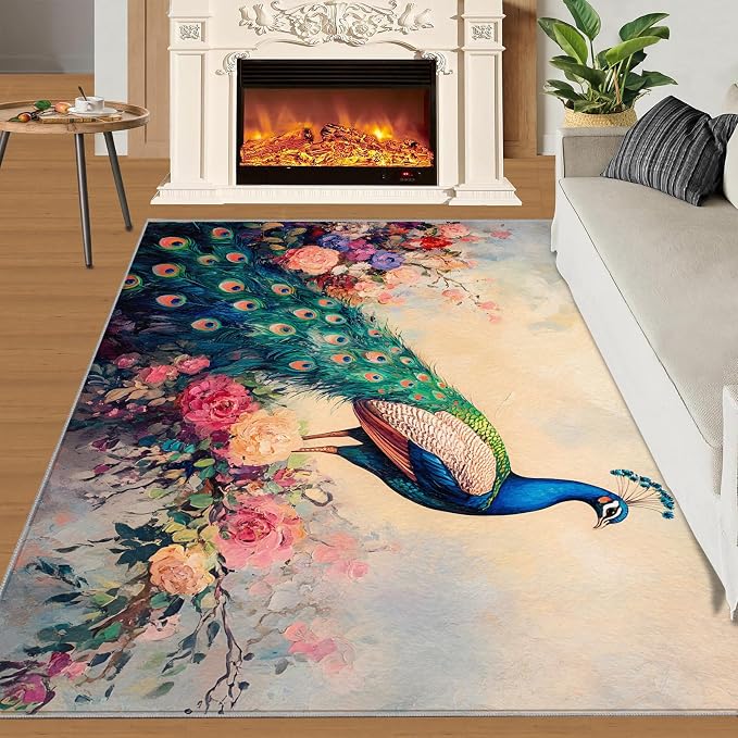 Peacock Peony Rug 3x5-3x5 Rug, Classic Peacock Peony Area Rugs - Image 3