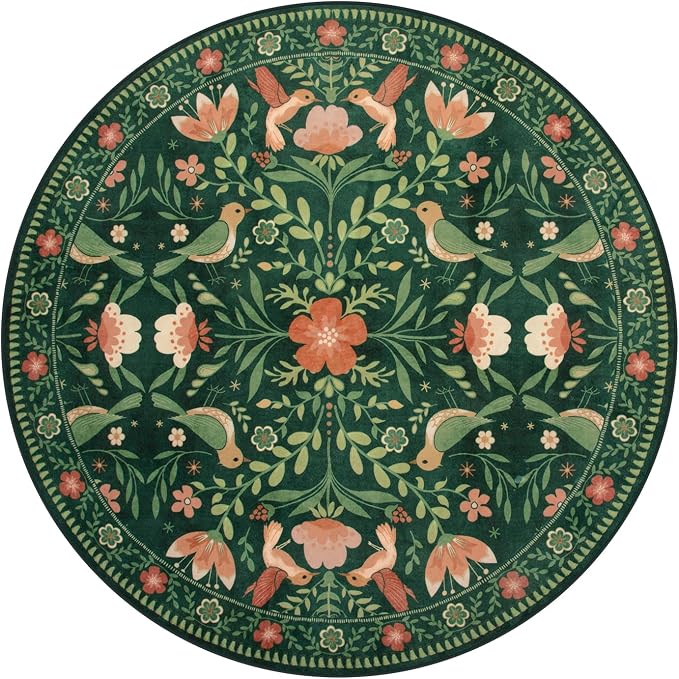 Moynesa Floral Bird Round Rug 6ft Washable Circle Rug Non Slip, Modern Cottage - Image 2
