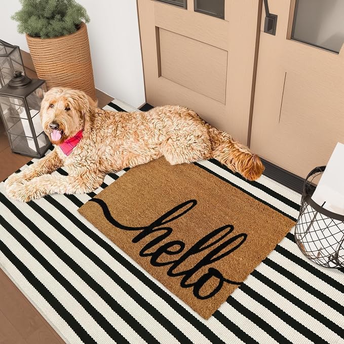 Striped Outdoor Rugs 3'x5', Cotton Hand Woven Rug Front Door Mat, Washable - Image 3
