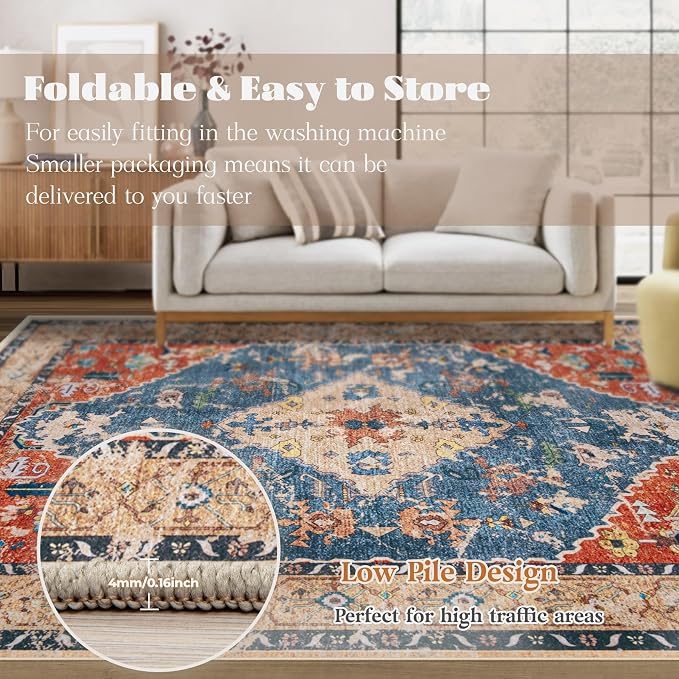 Area Rug 9x12 Washable Rug, Vintage Boho Medallion Rugs Non-Slip Soft Low Pile - Image 7