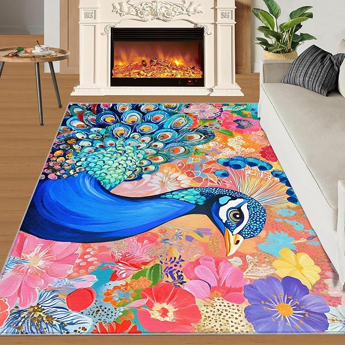 Peacock Area Rug 4x6-4x6 Rug, Boho Floral Rugs - Image 3