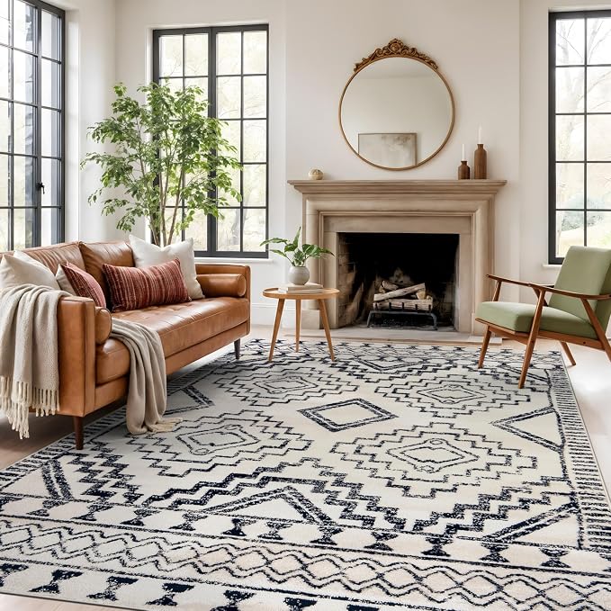 Rugshop Cream and Black Southwestern Tribal Area Rug – Boho Geometric Diamond by Rugshop