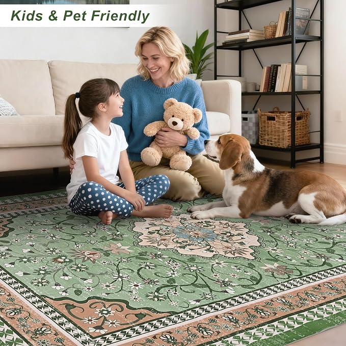 Luxury 5' x 7' Green Washable Area Rugs, Boho Low Pile Easy Clean Non-Slip Rug - Image 3