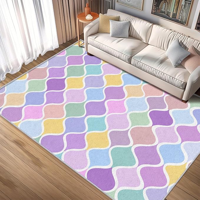 Washable 5x5 Abstract Wave Rug Living Room, Modern Geometric Colorful Design by Unknown
