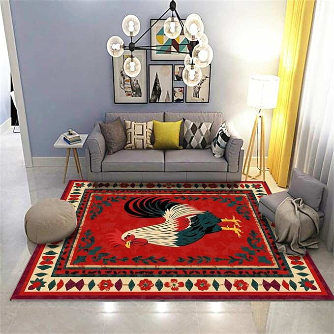 Vintage Rooster Area Rug, Beautiful Floral Border Country Style Rooster - Image 2