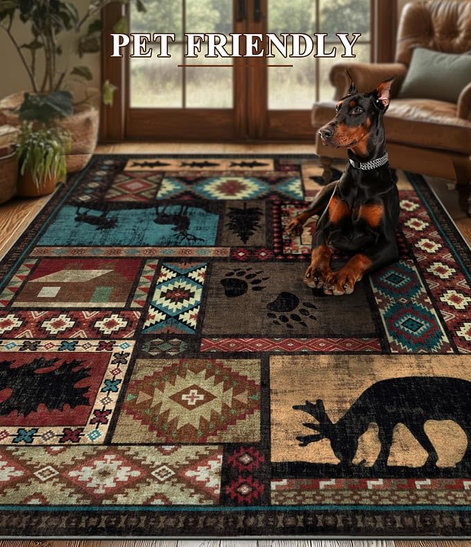 YIHOUSE Rustic Cabin Rugs for Living Room 9x12, Wildlife Bear & Deer Area Rug - Image 6