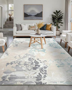 Washable Abstract Rug, 6x9 Ivory and Aqua Floral Area Rugs by Macgace