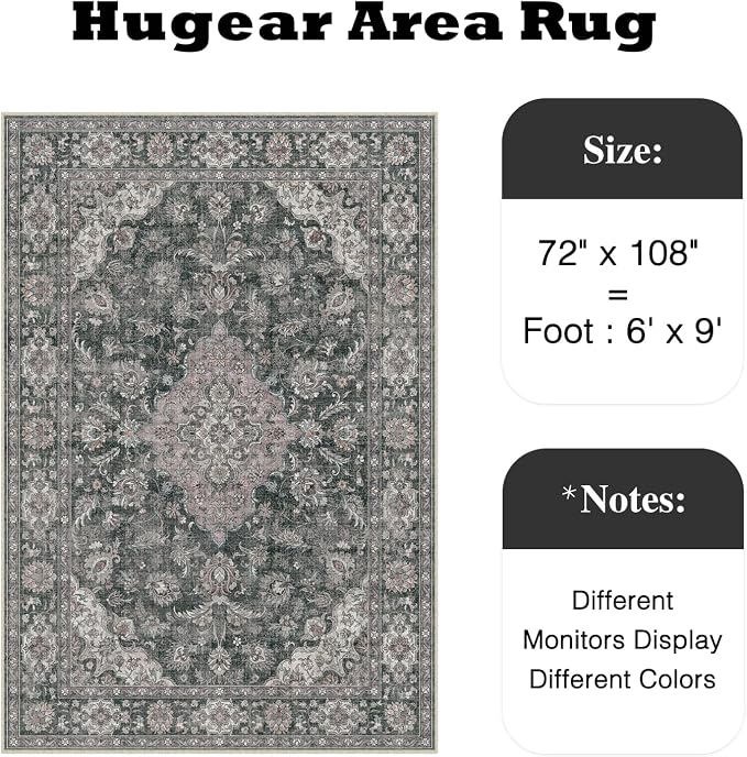 HUGEAR Retro Black Area Rug 6x9 Machine Washable Living Room Rugs Distressed - Image 2
