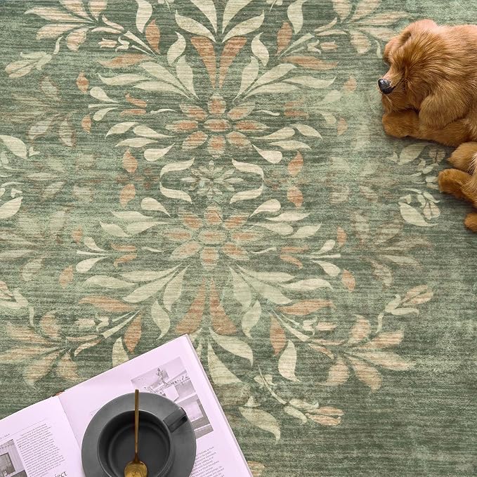 jinchan Round Rug 5ft Area Rugs Vintage Floral Distressed Design, Machine - Image 6