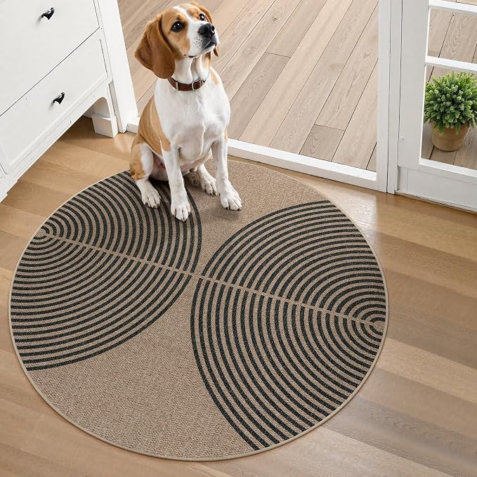 Lahome Modern Rainbow Round Rug, 3ft Small Washable Circle Carpet Natural - Image 5