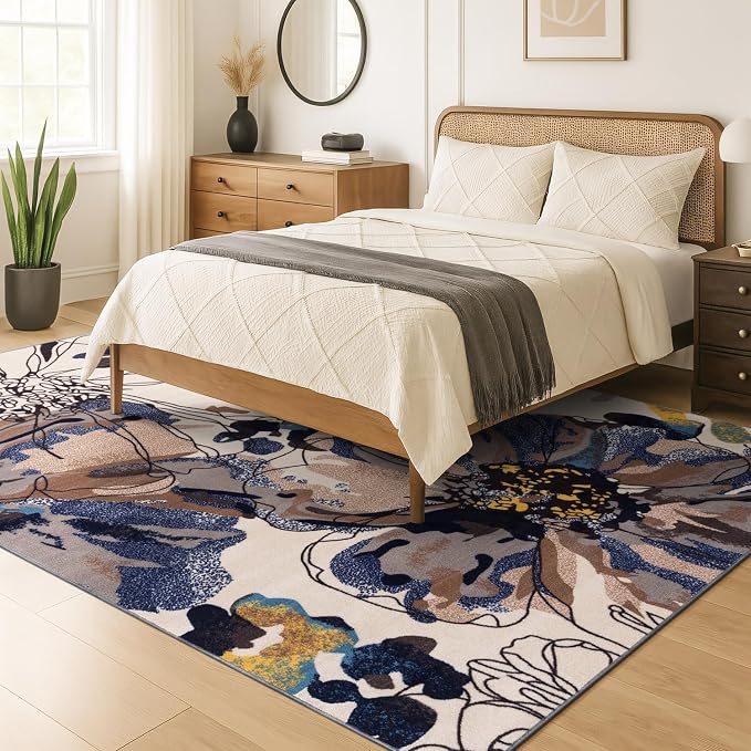 Rugshop Cream Bright Flowers Non Slip Non-Shedding Area Rug - Image 10