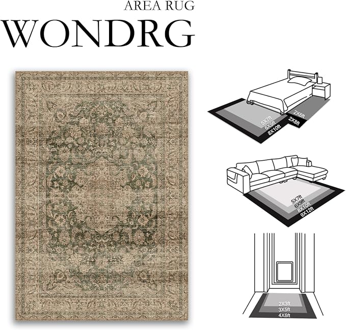 2x3 Washable Vintage Area Rug Green Brown Entryway Kitchen Carpet Non-Slip Soft - Image 2