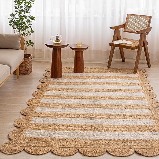 HOMEMONDE Scalloped Jute Area Rug 8'x10' Natural Stripe by HOMEMONDE