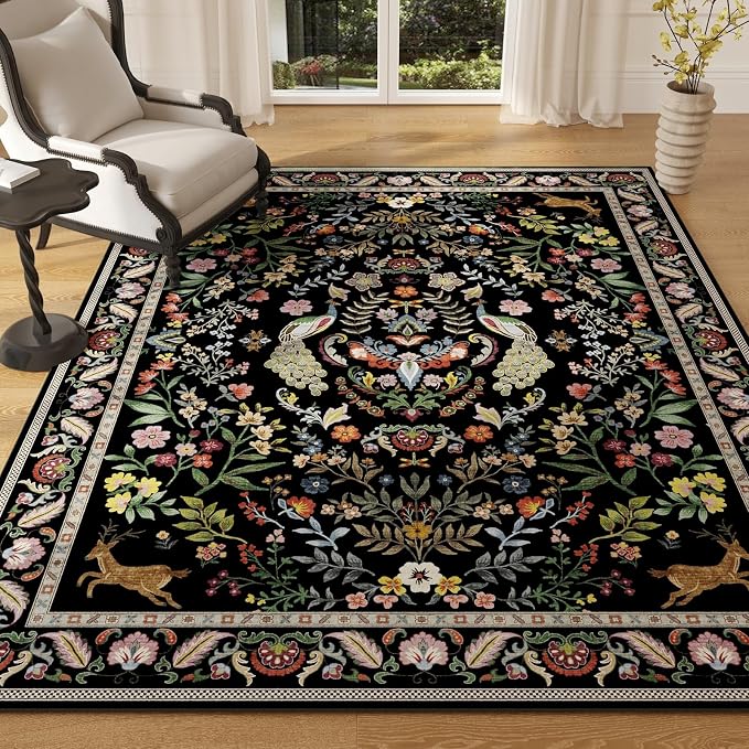 Area Rug 4x6 Rug Washable Rugs Floral Non Slip Low Pile Small Carpet by Rugcomf