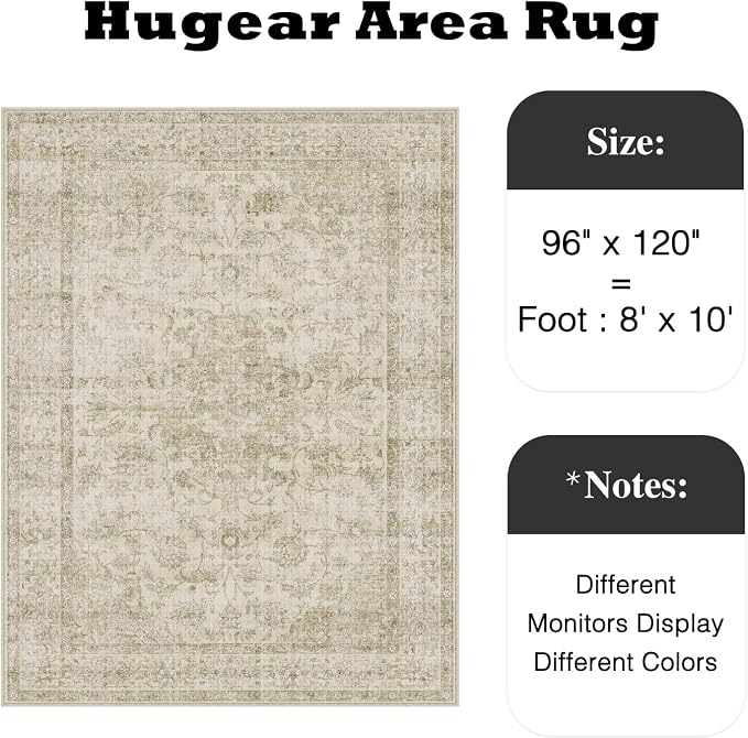 HUGEAR Retro Beige Area Rug 8x10 Machine Washable Living Room Rugs Distressed - Image 2
