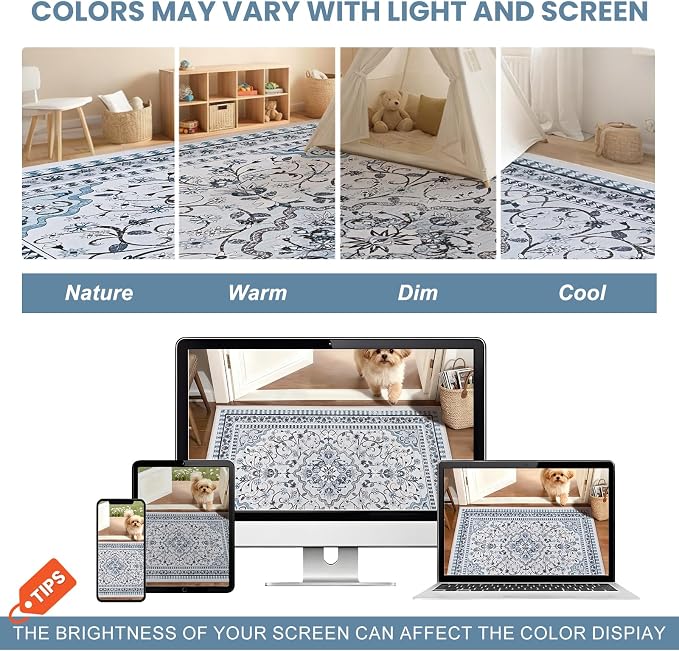 2' x 3' Blue Washable Area Rugs, Non-Slip Entryway Rug, Boho Low Pile Door Mat - Image 6