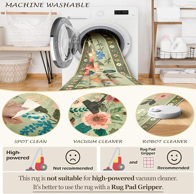 Floral 8ft Area Rug Machine Washable Soft Print Boho Carpet Non Slip Doormat - Image 5