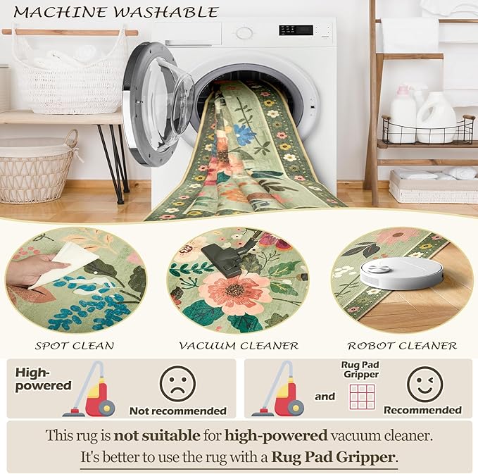 Floral 9x12 Area Rug Machine Washable Soft Print Boho Carpet Non Slip Doormat - Image 5