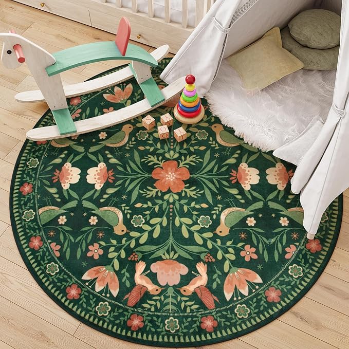 Moynesa Floral Bird Round Rug 6ft Washable Circle Rug Non Slip, Modern Cottage by Moynesa