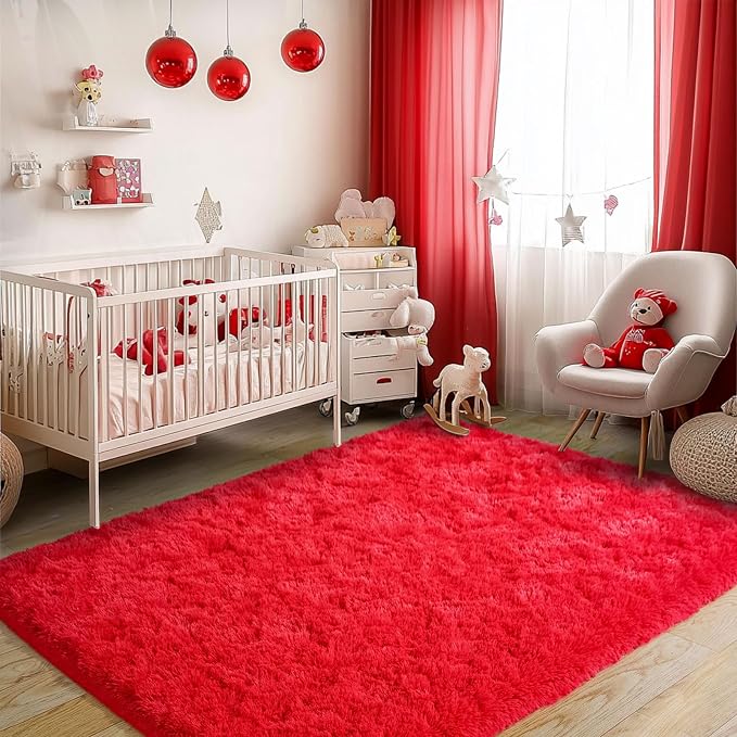 Red Fluffy Rug Plush Carpet for Bedroom Dorm, Non-Slip High Pile Rug, Shag Rug - Image 5