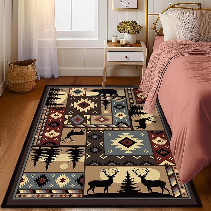 Rustic Cabin Wildlife Area Rug 5x7 Living Room Rug, Buffalo Plaid Bear Moose - Image 3
