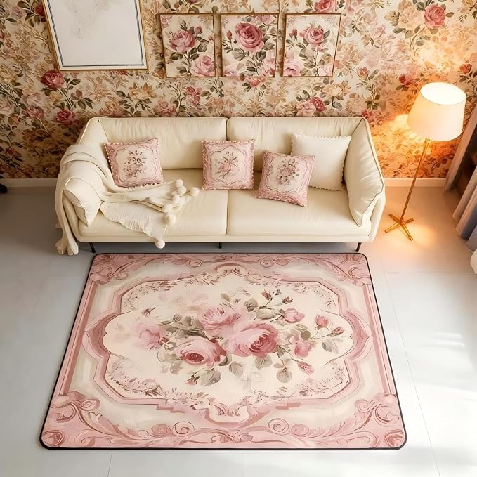 French Country Floral 3x5 Area Rug Pink Rose Rugs - Image 4