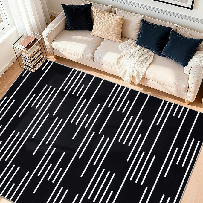 YIHOUSE Abstract Washable Rug 8x10, Ultra Thin Non Slip Black Rugs by YIHOUSE