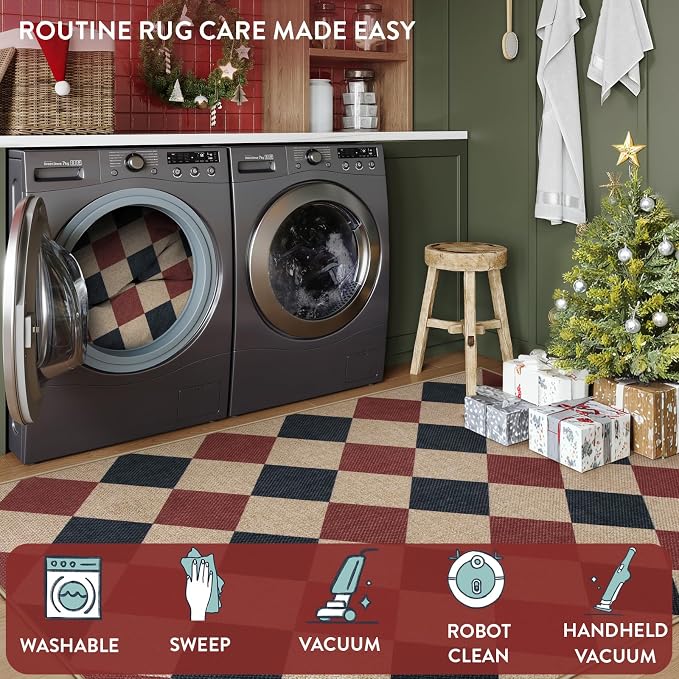Lahome Checkered 5x7 Rug, Indoor Outdoor Rug Non Shedding Black and Red - Image 4