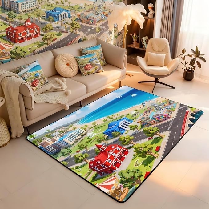 Kids Large Area Rug 5x7 City Life House Living Room Rug | 3D Cityscape Rugs - Image 4