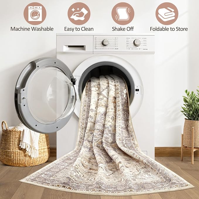 10x12 Area Rug Living Room: Washable Boho Large Neutral Vintage Soft Rugs Stain - Image 2