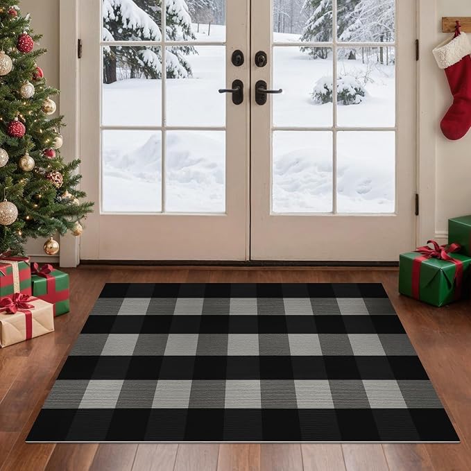 GENIMO Checkered Rug 27.5x43 inches Black and White Outdoor Rug Buffalo Plaid by GENIMO