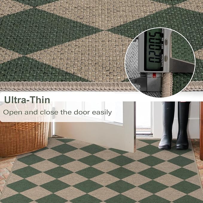 Easy Jute Checkered Entryway Rug, 2x3 Green Modern Indoor Outdoor Doormat - Image 4