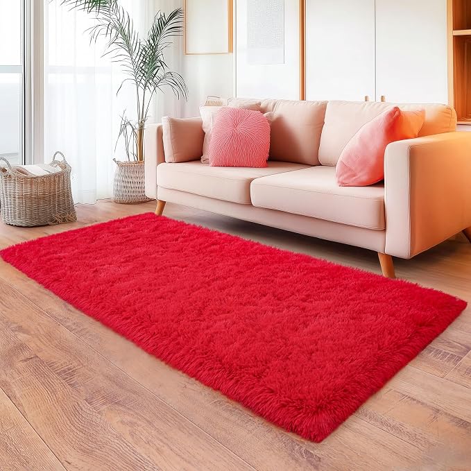 Red Runner Rug for Hallway, Bedroom Bedside Plush Rugs, Non Slip Fluffy Shaggy - Image 3