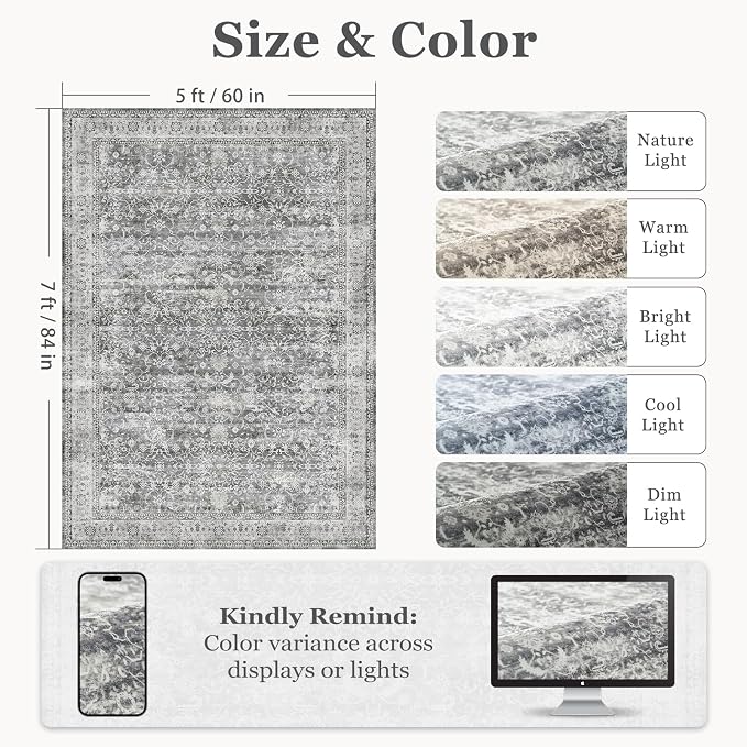 Grey 5x7 Area Rugs for Living Room Bedroom, Washable Non Slip Low Pile Thin - Image 2