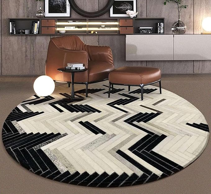 Round Cowhide Faux Leather Area Rug 3×3 ft – Black & White Modern Chevron by SNALFEHOME