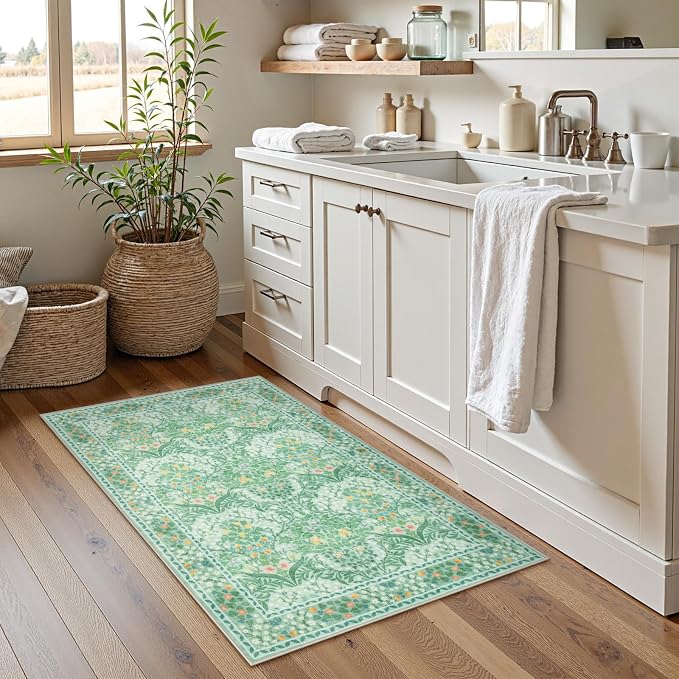 Lahome Floral Entryway Rug, 2x3 Kitchen Rugs Non Slip Washable Boho Green Forest - Image 2