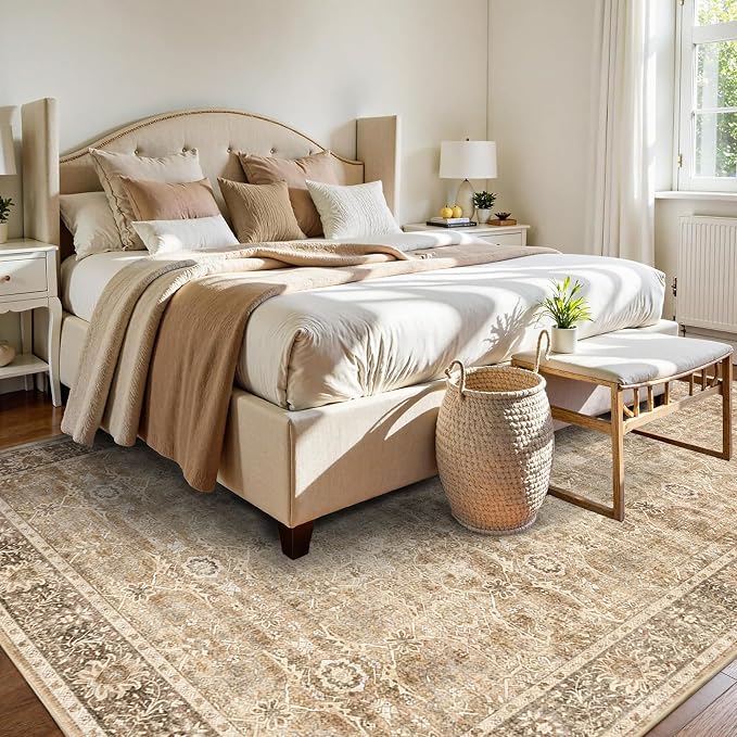 5x7 Beige Washable Rug for Living Room Large Vintage Distressed Bedroom Rug Low - Image 3