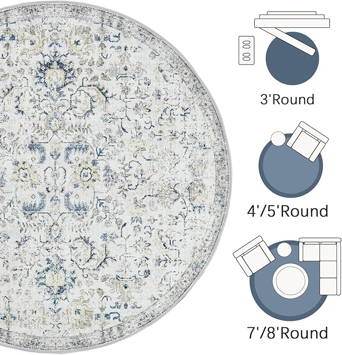 jinchan Kalen Round Rug 5ft Area Rug Entryway Washable Vintage Indoor Retro - Image 7