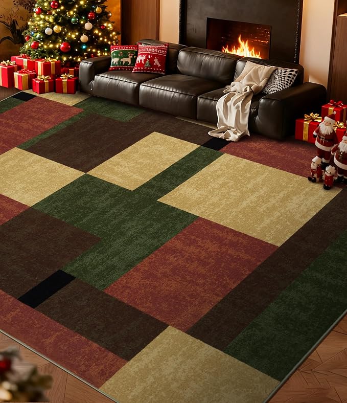 YIHOUSE Red and Green Rug 8x10, Burgundy Farmhouse Vintage Rugs Washable by YIHOUSE
