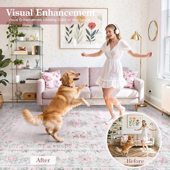 Wonnitar Floral Bow Print 8x10 Area Rugs, Washable Pink Rugs - Image 4